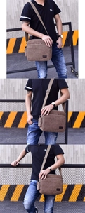 Detail view of brown canvas messenger bag with adjustable strap and side pockets