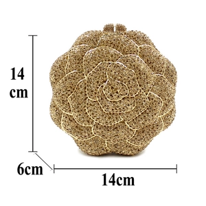 Golden rose-shaped evening bag with crystals and dimensions 14x14x6 cm on white background