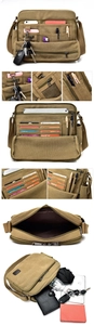 Detailed view of the multi-compartment canvas bag interior showing pen and card slots