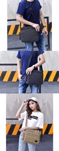 Detail of adjustable straps and dual-zipper structure on canvas messenger bags