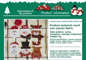 Detailed specs for Santa, Snowman, and Elk felt cutlery holders in festive table settings