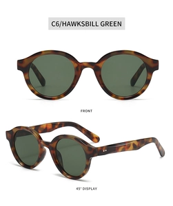 Detail view of oval tortoiseshell sunglasses in hawksbill green with metal accents