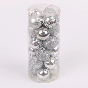 Silver Christmas ball ornament set in cylinder box featuring matte and glitter finishes