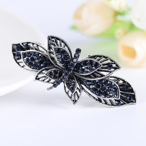 Elegant vintage silver alloy butterfly hair clip with deep blue rhinestones for women