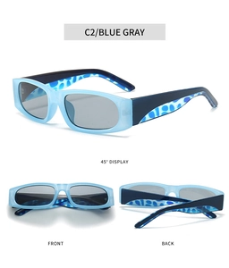 Detail views showing the 45-degree, front, and back of blue leopard print sunglasses