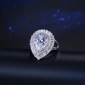 Elegant silver ring featuring a large pear-cut zircon surrounded by double halo stones