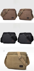 Detailed comparison of coffee and black canvas messenger bags with multiple zippers