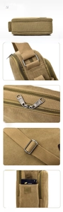 Detailed views of khaki canvas messenger bag showing zippers, straps and side pockets