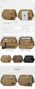 Detailed dimension layout of canvas messenger bag showing 29x24x10cm size and multi-pockets