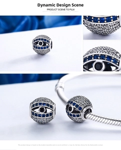 Macro detail of S925 silver Nazar Eye charm with blue and white pavé cubic zirconia