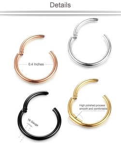 Detailed view of 16G polished 0.4 inch nose rings in gold, silver, black, rose gold