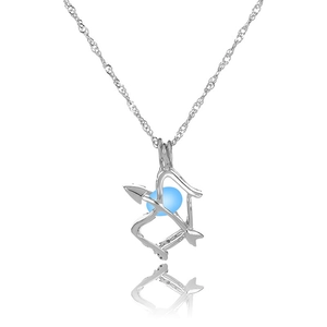 Luminous silver bow and arrow necklace with glowing blue oval bead on white background