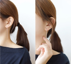Elegant long S925 sterling silver box chain earrings on model with minimalist style