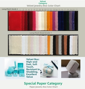 Detailed color chart showcasing twenty-one velvet fabric options for jewelry gift boxes