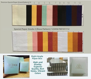Macro detail of special textured paper samples in lizard and rose patterns for jewelry boxes