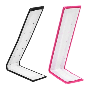 Detailed view of L-shaped velvet earring display board with multi-hole design in black and rose