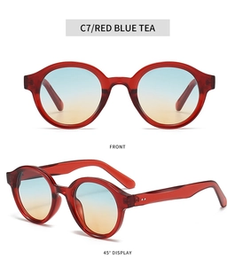 Front and 45-degree angle views of vintage oval wine red sunglasses with gradient lenses