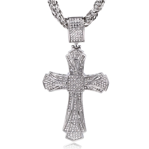 Polished stainless steel cross pendant necklace with sparkling micro-pave crystals on a rope chain