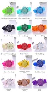Collection of 15 colorful Geneva silicone strap watches with rose gold quartz cases