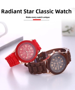 Close-up of Geneva silicone watches in red and brown with rose gold metal cases