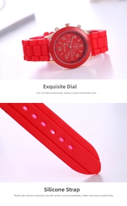 Detail of red silicone strap and rose gold Geneva fashion watch for women