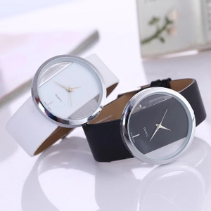 Detail view of modern minimalist Geneva quartz watches in black and white variants