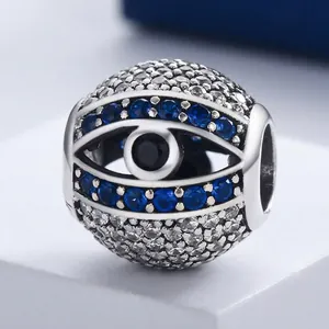 Sterling silver blue devil eye charm bead with white cubic zirconia pavé for DIY bracelets