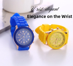 Detail of blue and yellow Geneva silicone watches with rose gold cases and textured straps