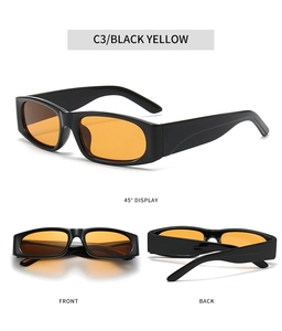 Detail view of retro small frame leopard rectangle sunglasses with black yellow contrast