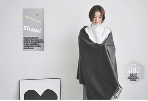 Detail of dark grey thick wool-feel scarf worn as a shawl with tassel edge accents