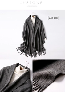 Detail view of dark gray thick wool shawl featuring refined fringes and premium texture