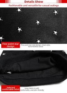 Detail show of silver star rivets and soft black lining on a knitted beanie hat
