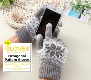 Detail showing the floral knit pattern and touchscreen function of winter gloves