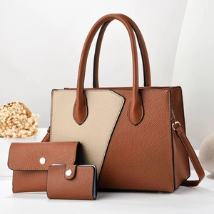 Three-piece women's fashion handbag set with large tote, crossbody purse, and card holder