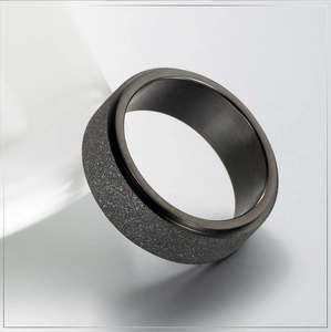 Macro view of matte black rotatable stress relief ring with polished inner band