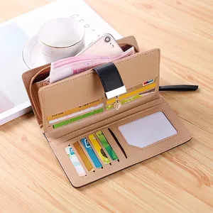 Women's long khaki leather wallet featuring leaf charm and large capacity card slots