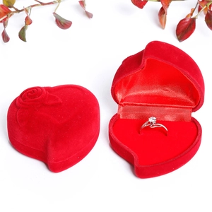 Elegant red heart-shaped velvet ring box set shown in open and closed views
