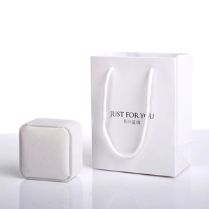 Detailed set of minimalist white velvet jewelry box and matching paper gift bag with handles