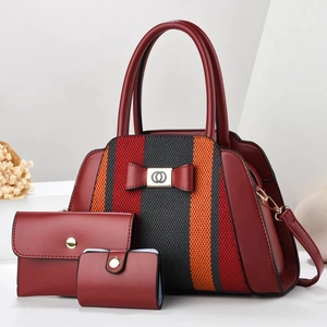 Three-piece dark red tote bag set with striped woven detail and bow accent