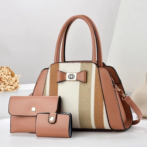 Three-piece retro brown contrast tote set with striped panel and golden bow detail