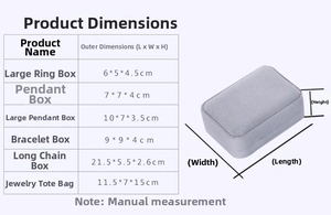Detailed size specification chart for velvet jewelry boxes and necklace display packaging