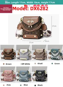 Detailed dimension chart and 7 color options for the floral crossbody bag with swan clasp