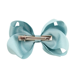 Blue satin layered bow hair clip for girls with a secure metal alligator back