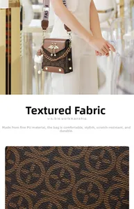 Detail view of brown vintage PU leather crossbody bag with logo pattern and metal chain