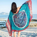 Bohemian mandala pattern beach shawl in teal and red, large rectangular cotton linen scarf