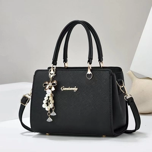 Women Saffiano PU Leather Tote Bag With Artificial Pearl Bow Charm Double Handle Structured Crossbody Handbag Elegant Street Style