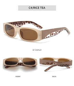 Three perspectives of retro rice tea rectangular sunglasses with leopard print inner frame