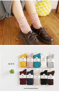 Detailed view of women's frilly cotton socks in ten colors with ribbed knit texture