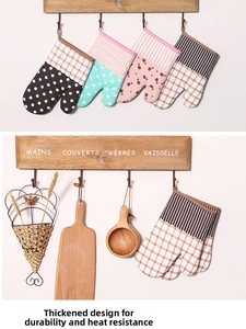 Close-up of thick cotton quilted kitchen gloves with floral and plaid patterns on rack