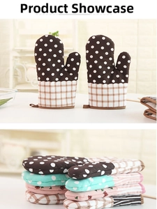 Close-up of thick floral and plaid oven mitts with hanging loops for kitchen heat protection